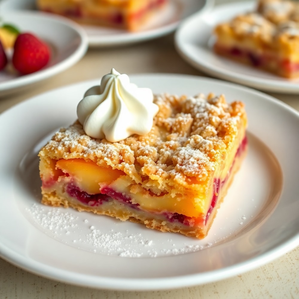 Peach Raspberry Crumb Bars on a plate with a fork