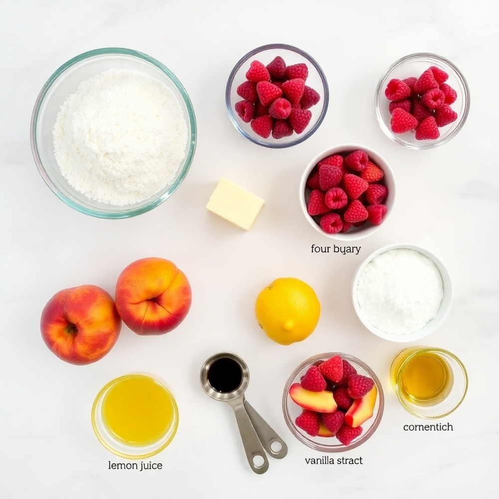 Ingredients for Peach Raspberry Crumb Bars on a wooden surface