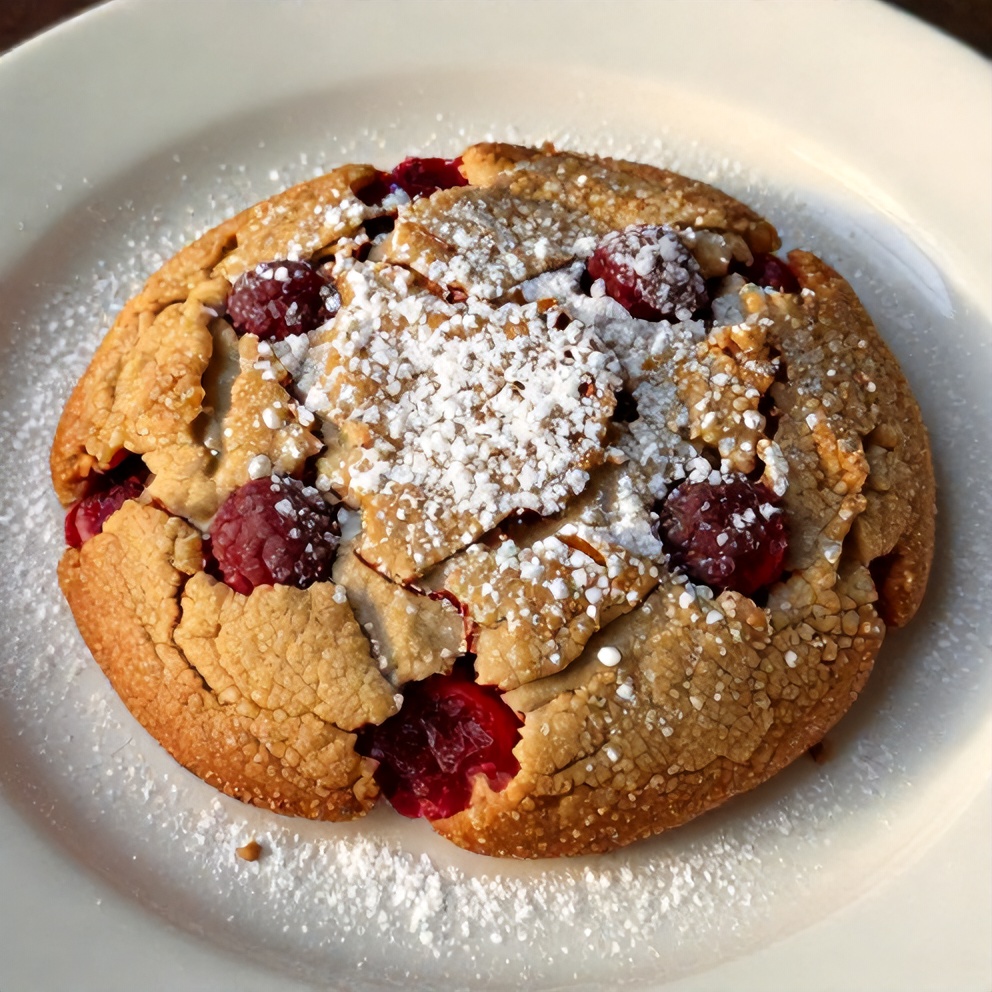A single Crispy Raspberry Cookie on a white plate