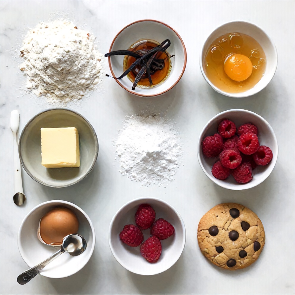 Raspberries, flour, sugar, butter, eggs, vanilla extract, baking powder, salt, chocolate chips