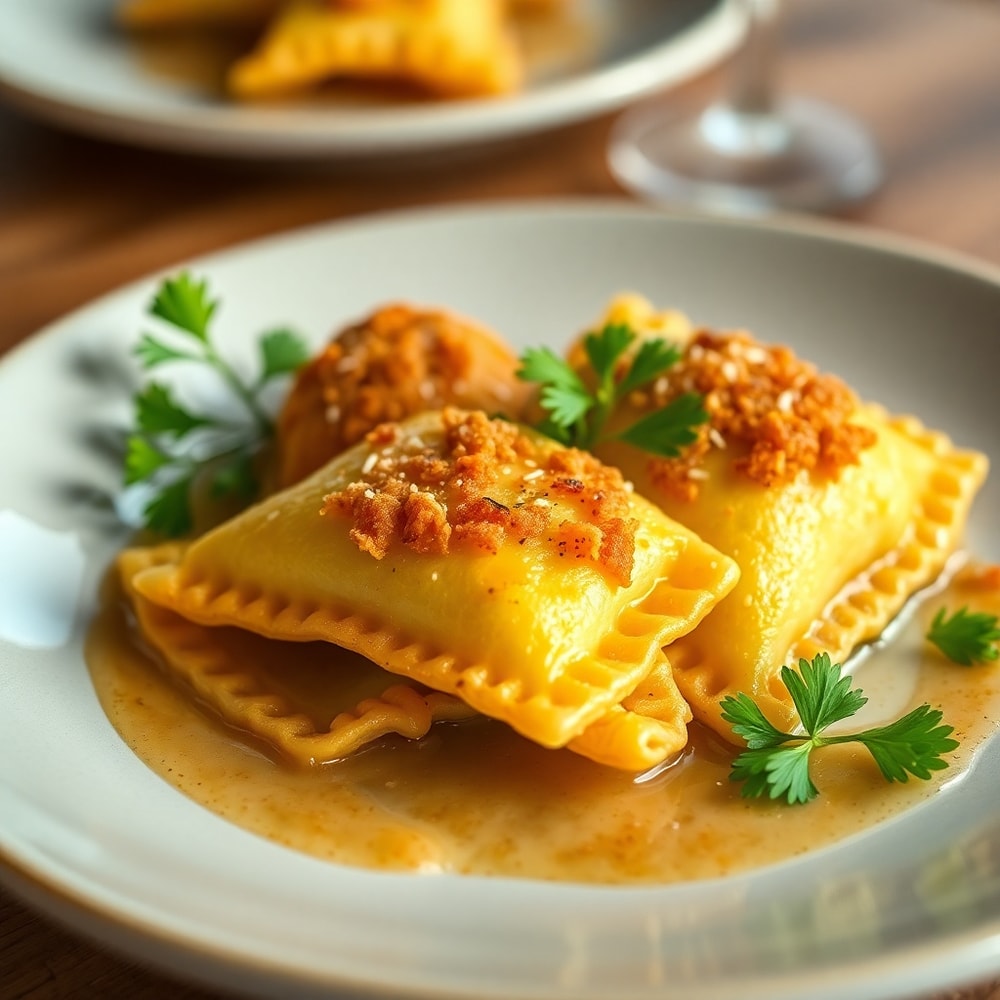 Plated Crispy Ravioli Appetizer with fresh parsley