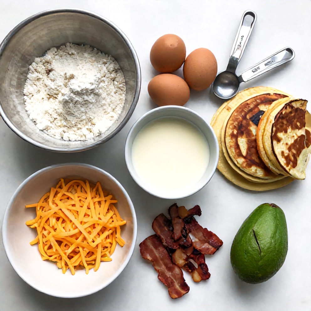 Raw ingredients for Savory Pancake Tacos: flour, eggs, milk, cheese, bacon, avocado