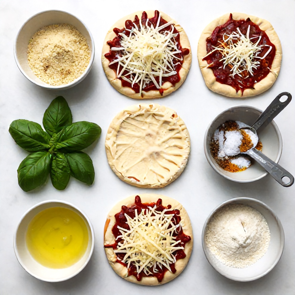 Raw ingredients for Savory Pizza Pinwheels on a white marble surface