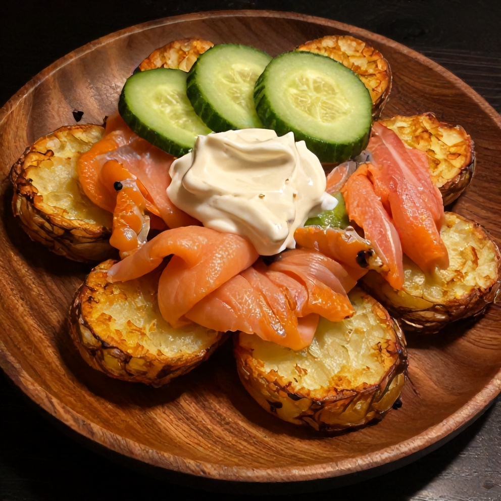 Plated crispy smashed potatoes with smoked salmon and cucumbers