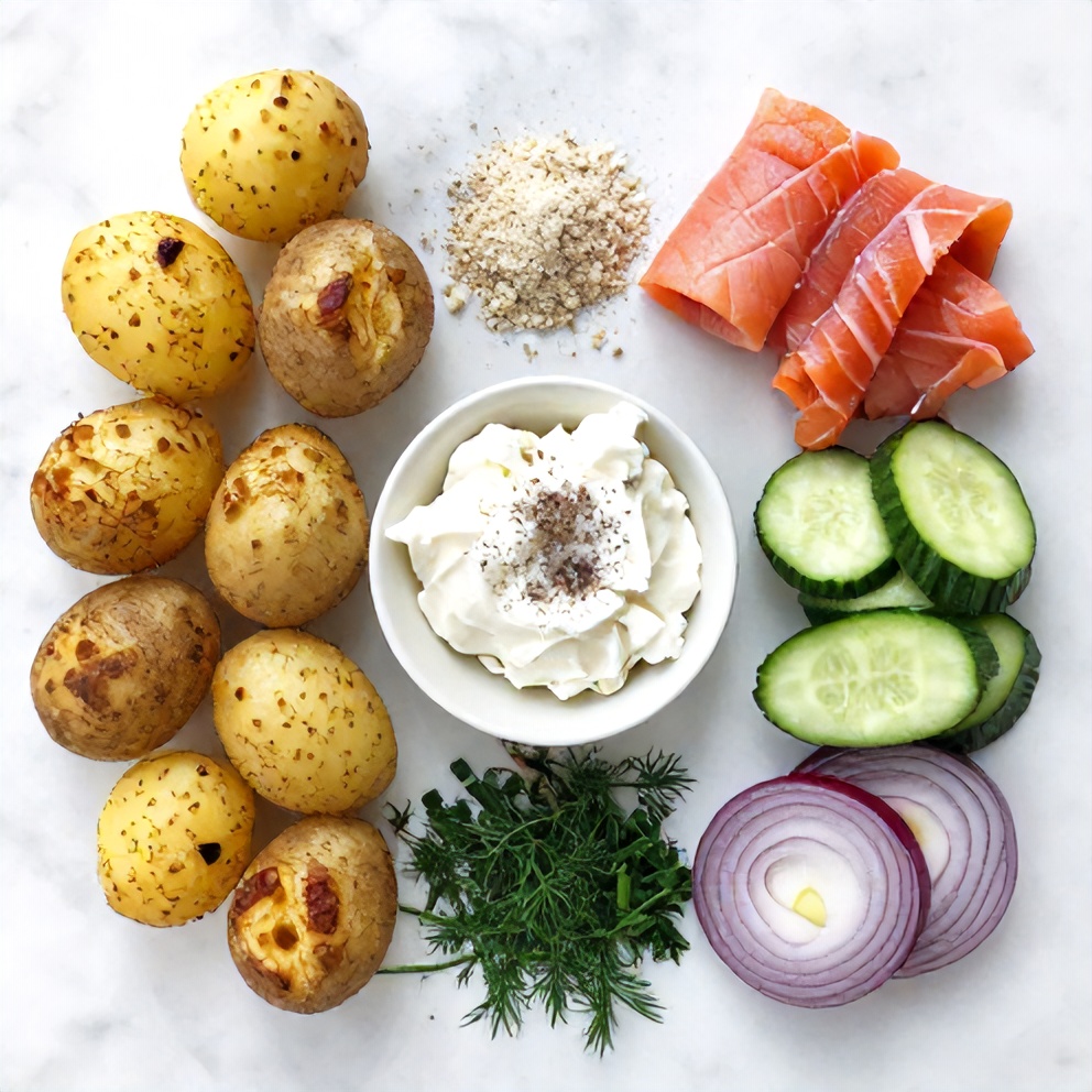 Raw ingredients for crispy smashed potatoes with smoked salmon and cucumbers