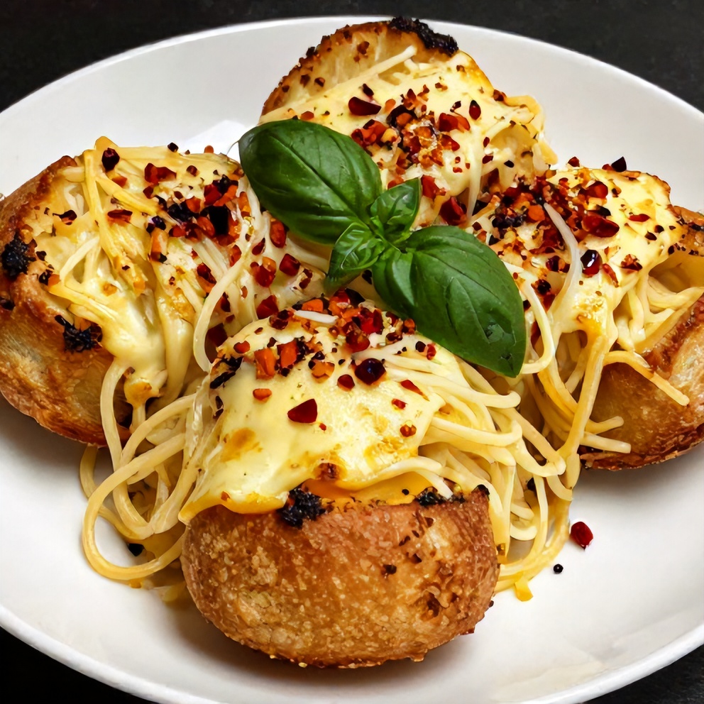 Crispy Spaghetti Garlic Bread Bowls Closeup
