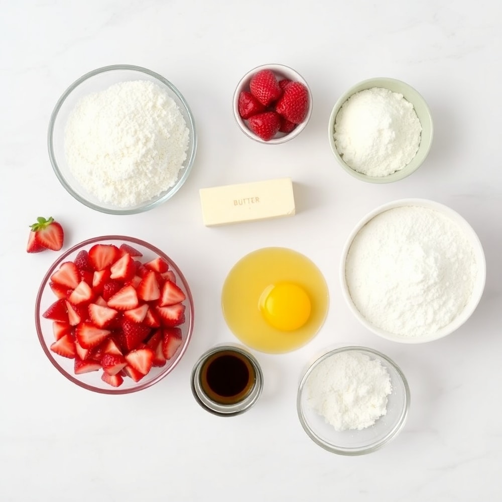 Ingredients for Strawberry Crunch Cookies on a marble surface
