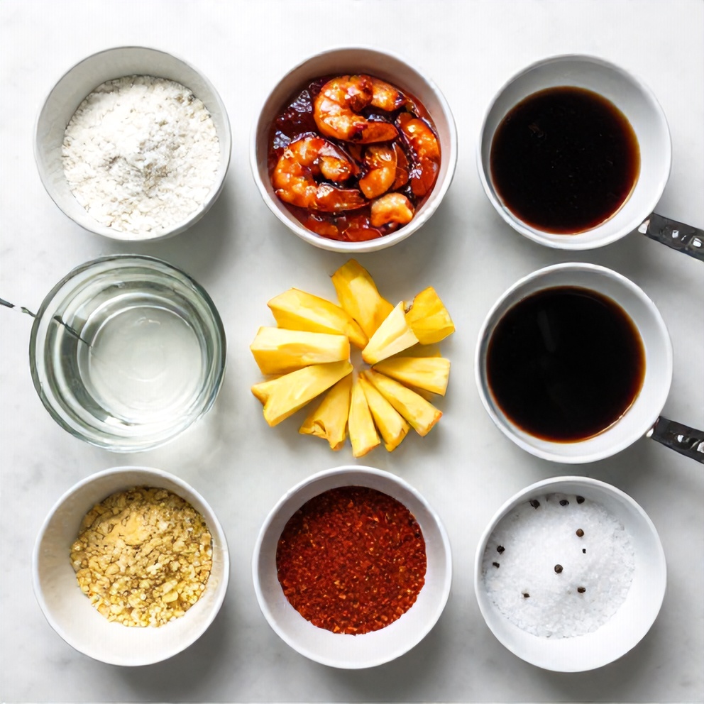 Raw ingredients for Crispy Sweet Chili Pineapple Shrimp on a white marble surface