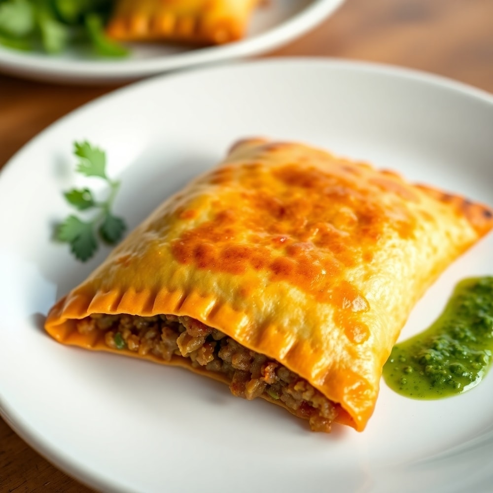 Plated vegan lentil empanadas with chimichurri