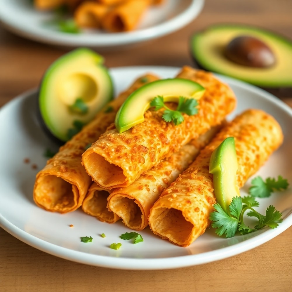 Plated Vegan Taquitos with avocado and lime