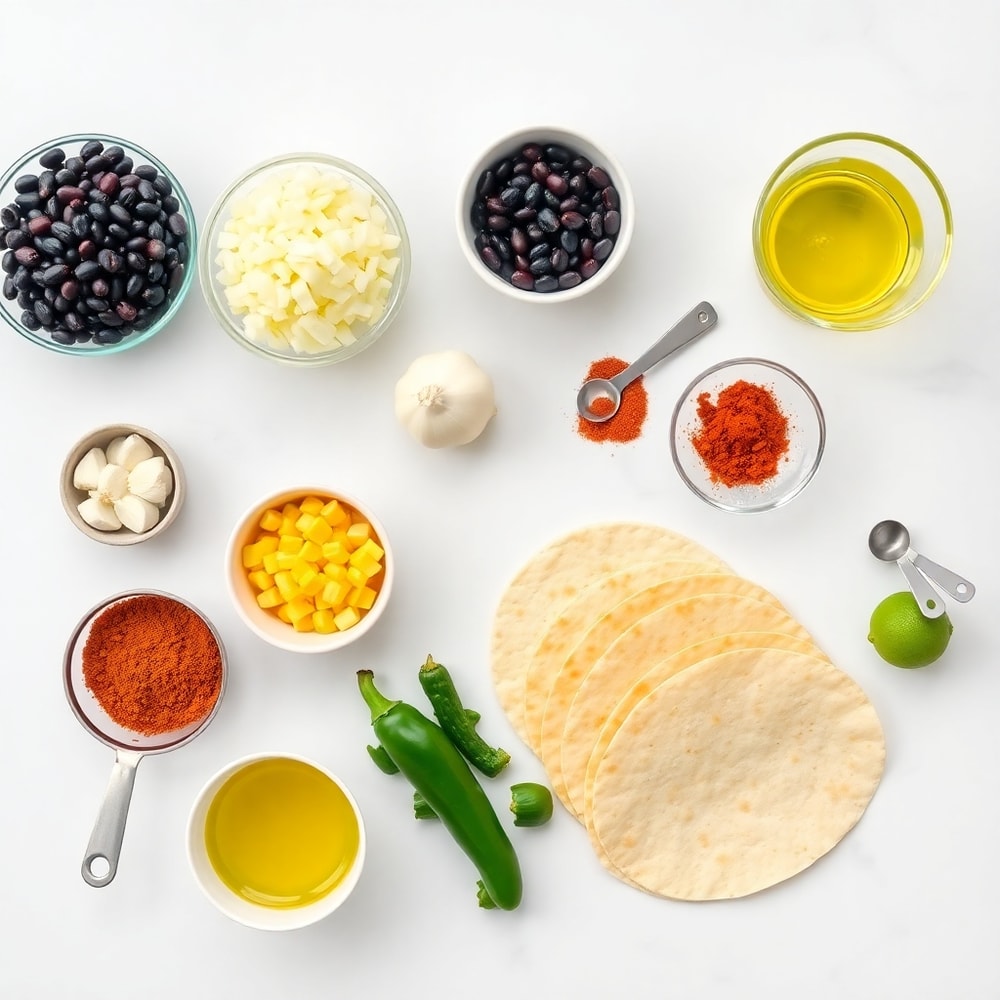 Raw ingredients for Vegan Taquitos on a marble surface