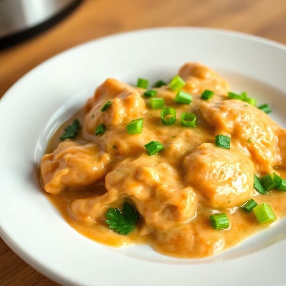 Plated Crockpot Cajun Butter Chicken with a side of steamed rice