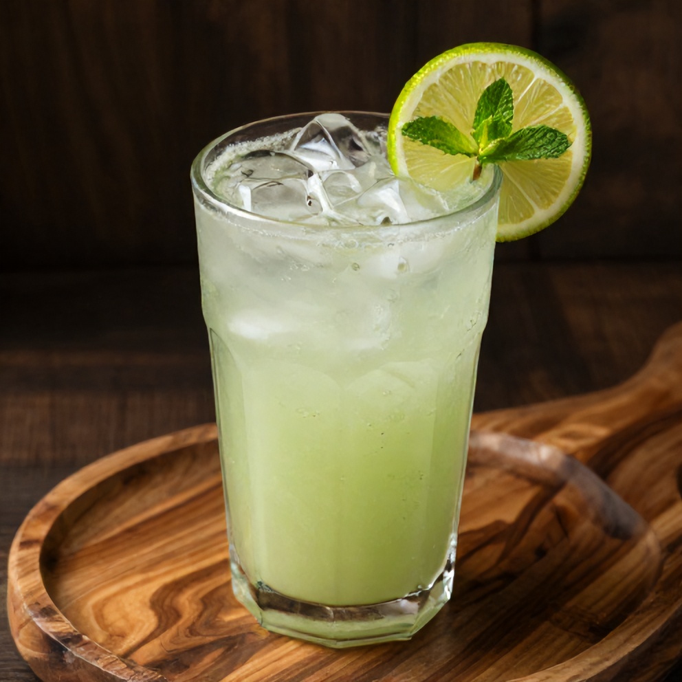 Glass of Cucumber Agua Fresca with a lime wheel and mint sprig