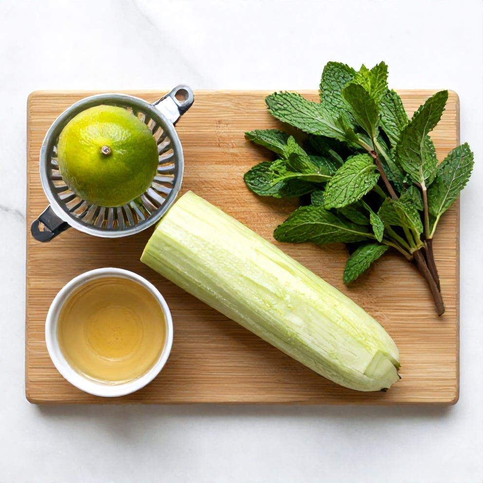 Cucumber, lime, fresh mint, and simple syrup arranged on a wooden cutting board