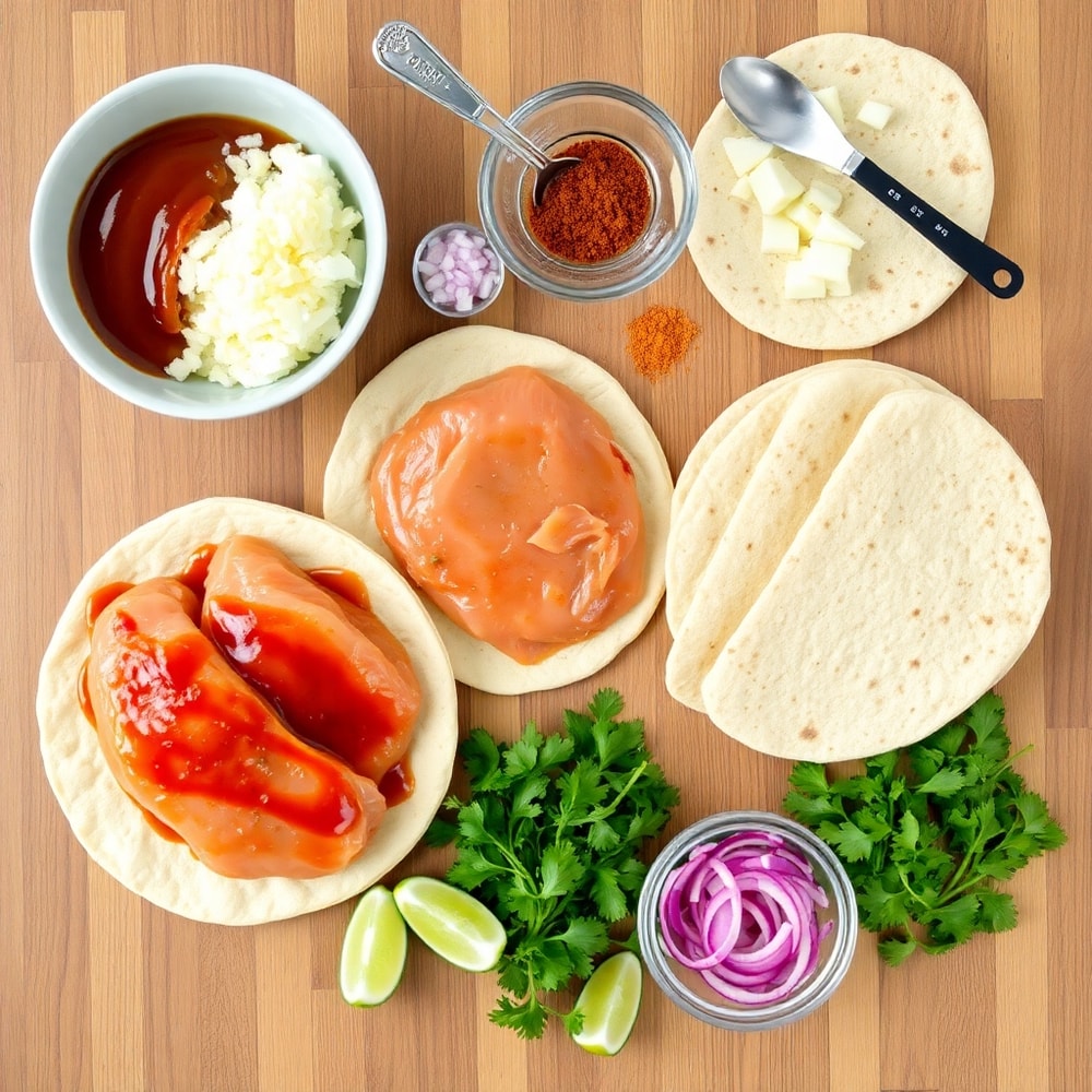 BBQ Chicken Flatbread ingredients on a wooden surface