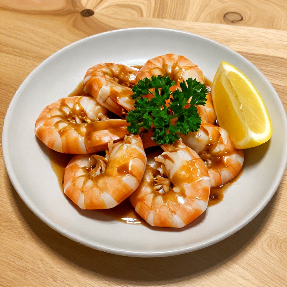 Plated shrimp cocktail with lemon wedge and parsley garnish