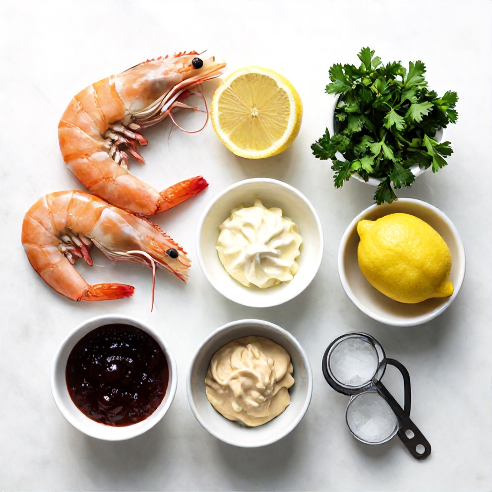 Raw shrimp, cocktail sauce, lemon, horseradish, ice, and parsley