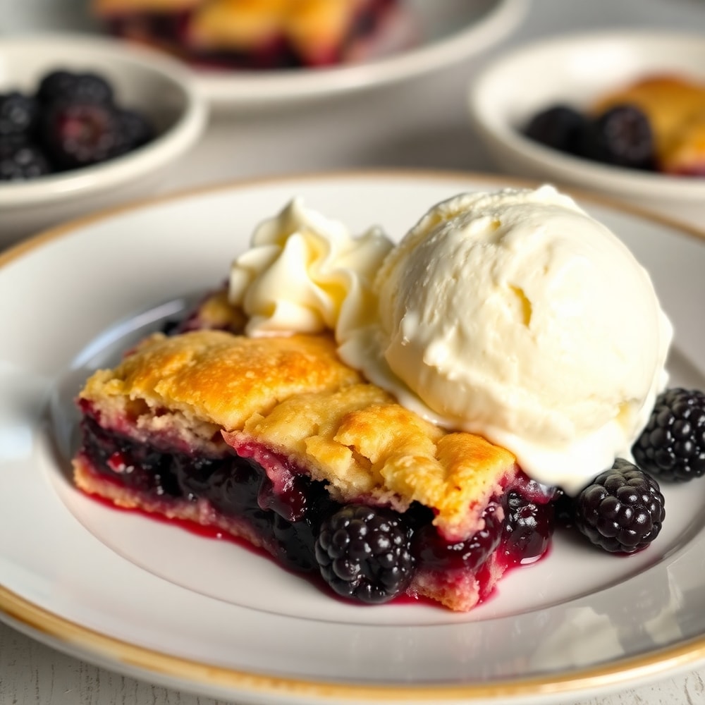 Plated blackberry cobbler bars with vanilla ice cream