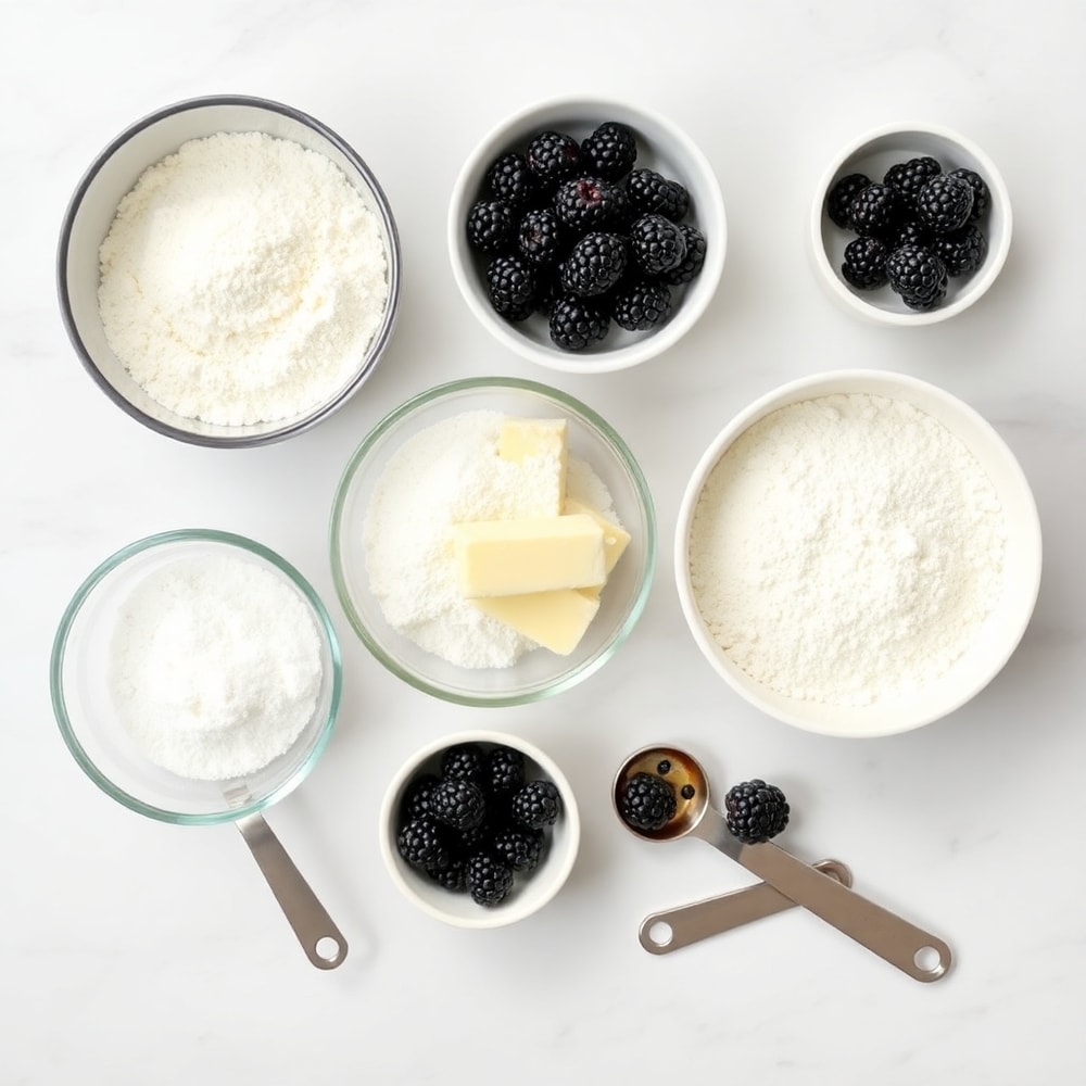 Raw ingredients for blackberry cobbler bars including flour, sugar, butter, and blackberries
