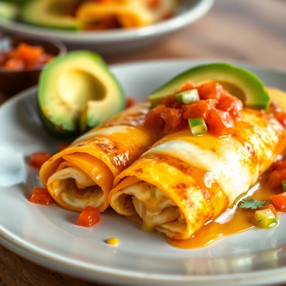 Plated Easy Breakfast Enchiladas with avocado and salsa