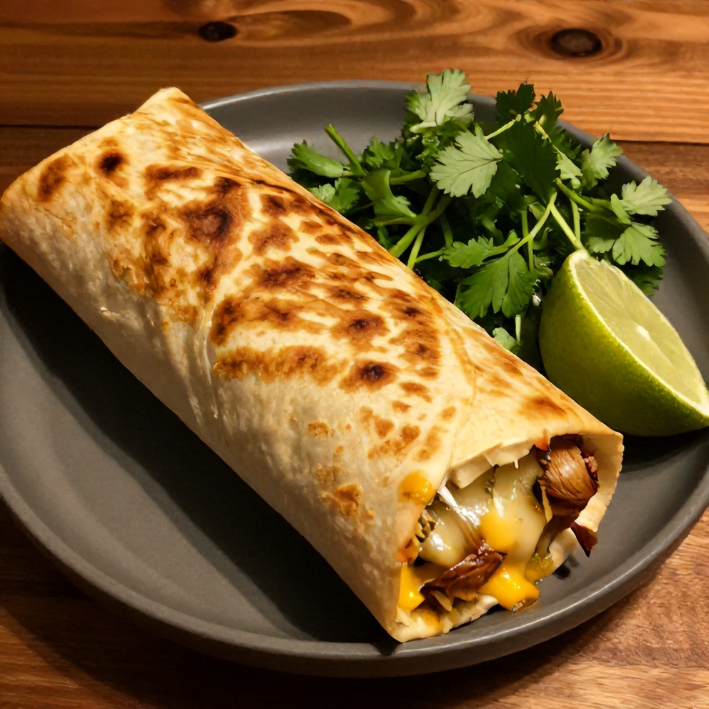 A plated serving of the finished California burrito on a wooden surface.