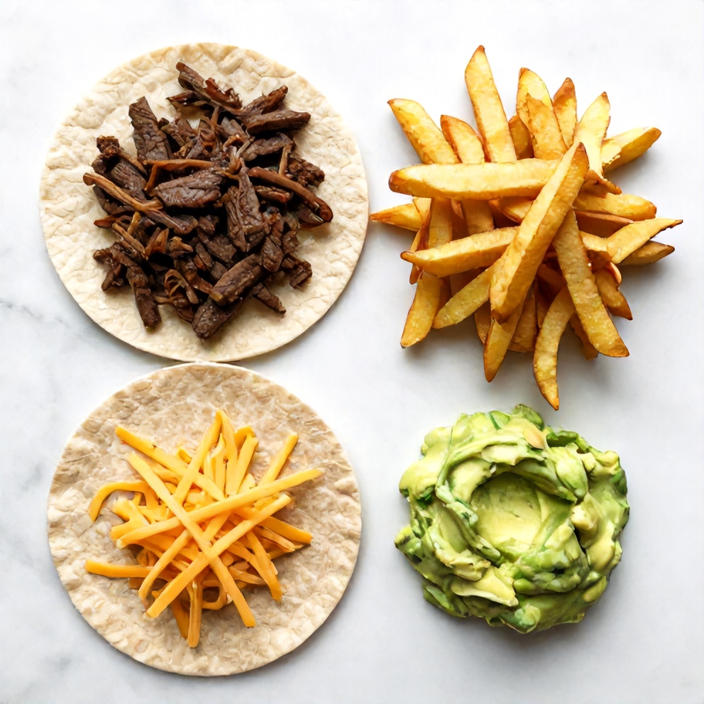 An overhead shot of the raw ingredients for the California burrito: tortilla, carne asada, fries, cheese, and guacamole.
