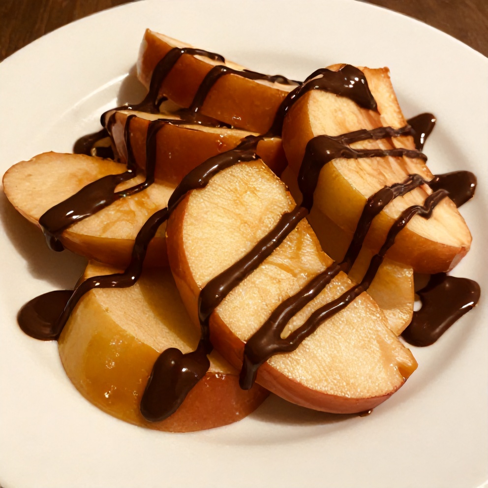 Plated serving of caramel apple slices with chocolate drizzle on a white plate