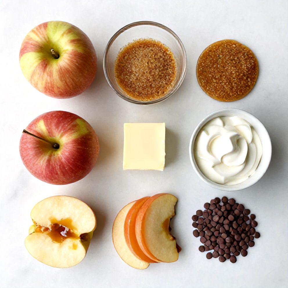 Raw ingredients for caramel apple slices including apples, sugar, butter, and chocolate chips on a white marble surface