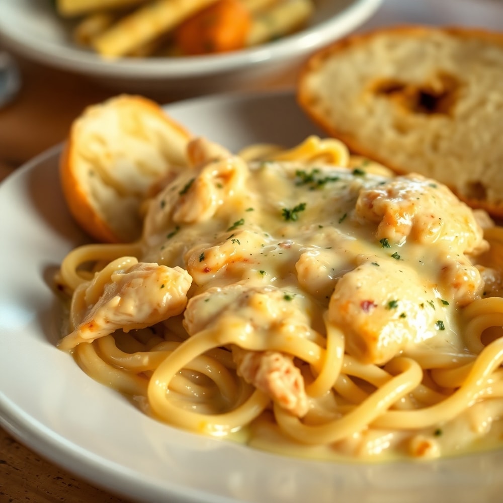 Chicken Tetrazzini plated with a side of garlic bread