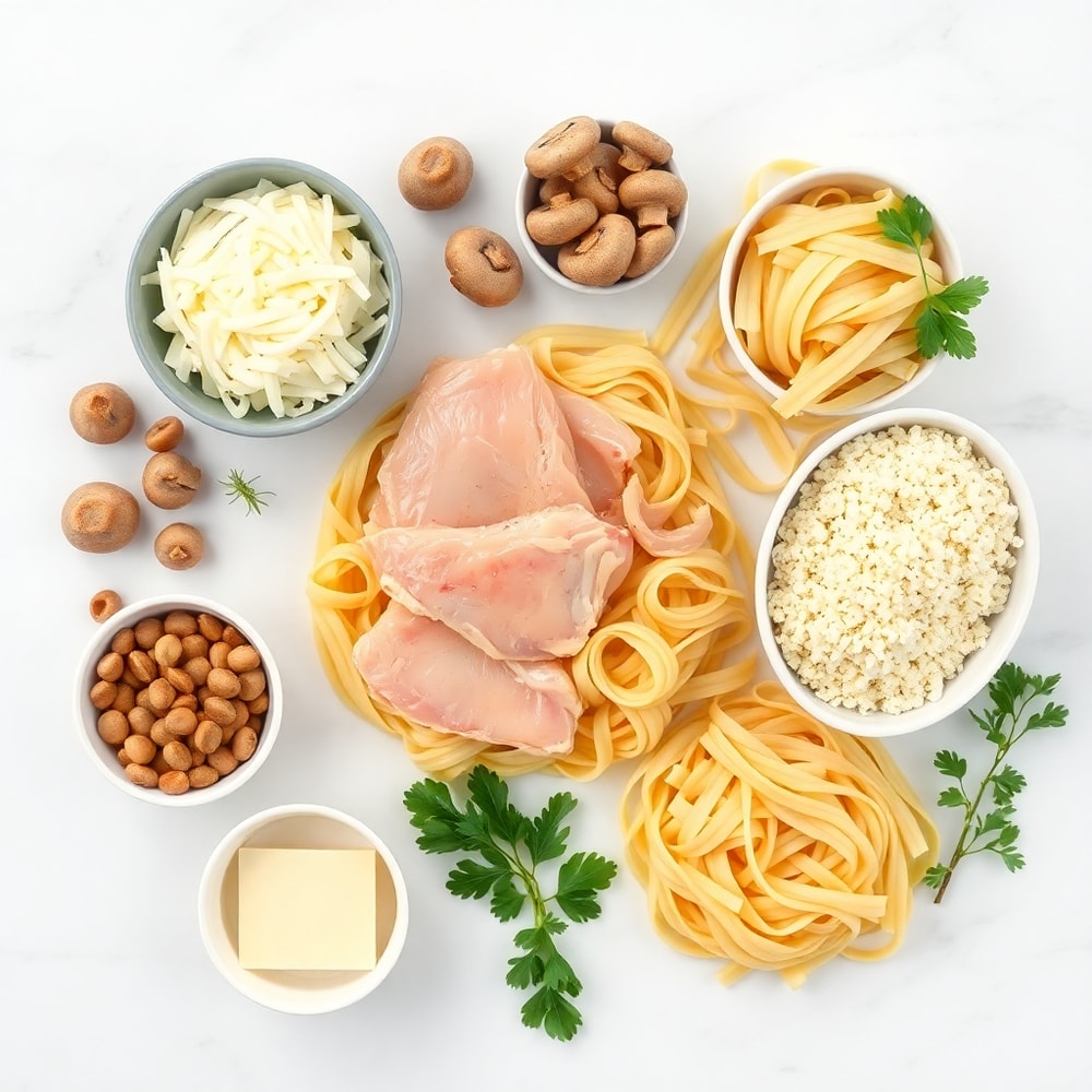 Raw ingredients for Chicken Tetrazzini including chicken, pasta, mushrooms, and cheese