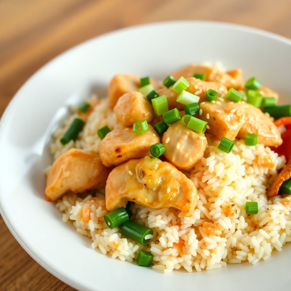 Plated Easy Coconut Chicken Rice Bowl with garnish