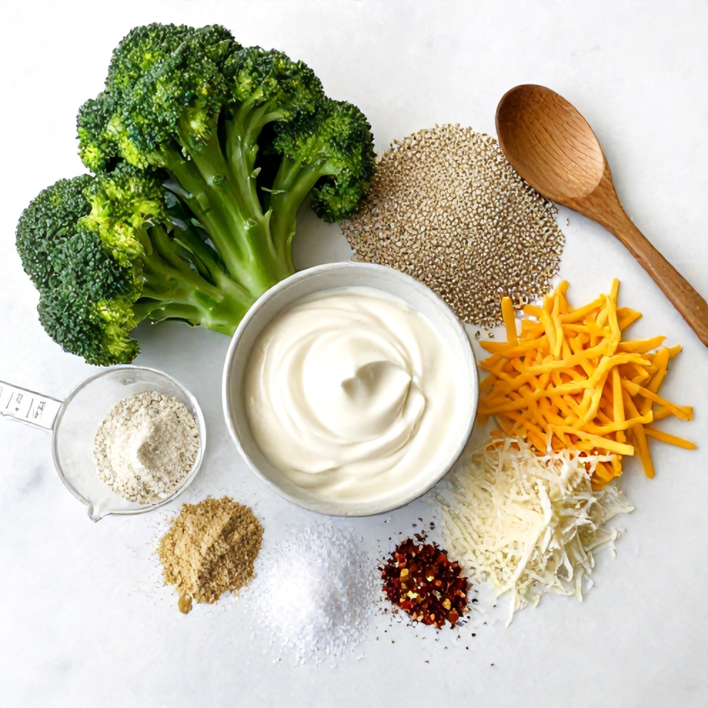 Broccoli, quinoa, and cheese arranged on a wooden board