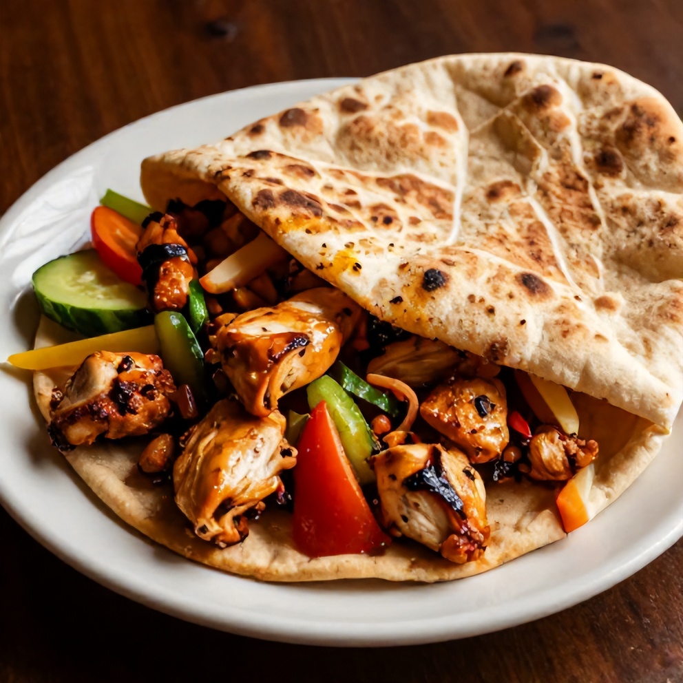 Chicken shawarma served on a plate with pita bread and vegetables