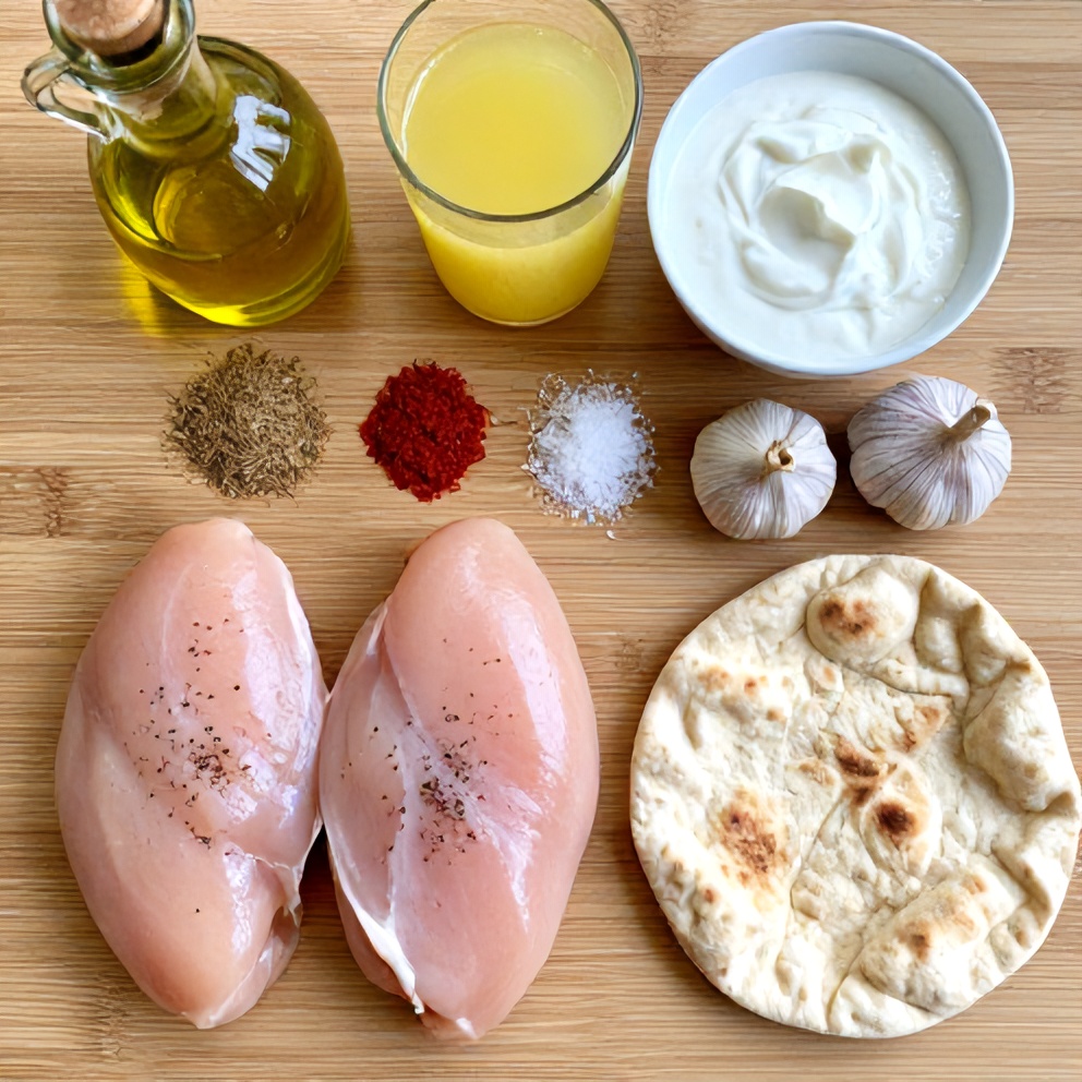 Raw ingredients for chicken shawarma laid out on a wooden surface