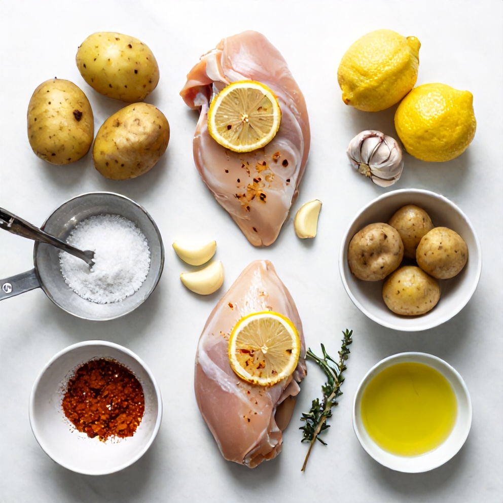 Raw ingredients for one-pan lemon garlic chicken