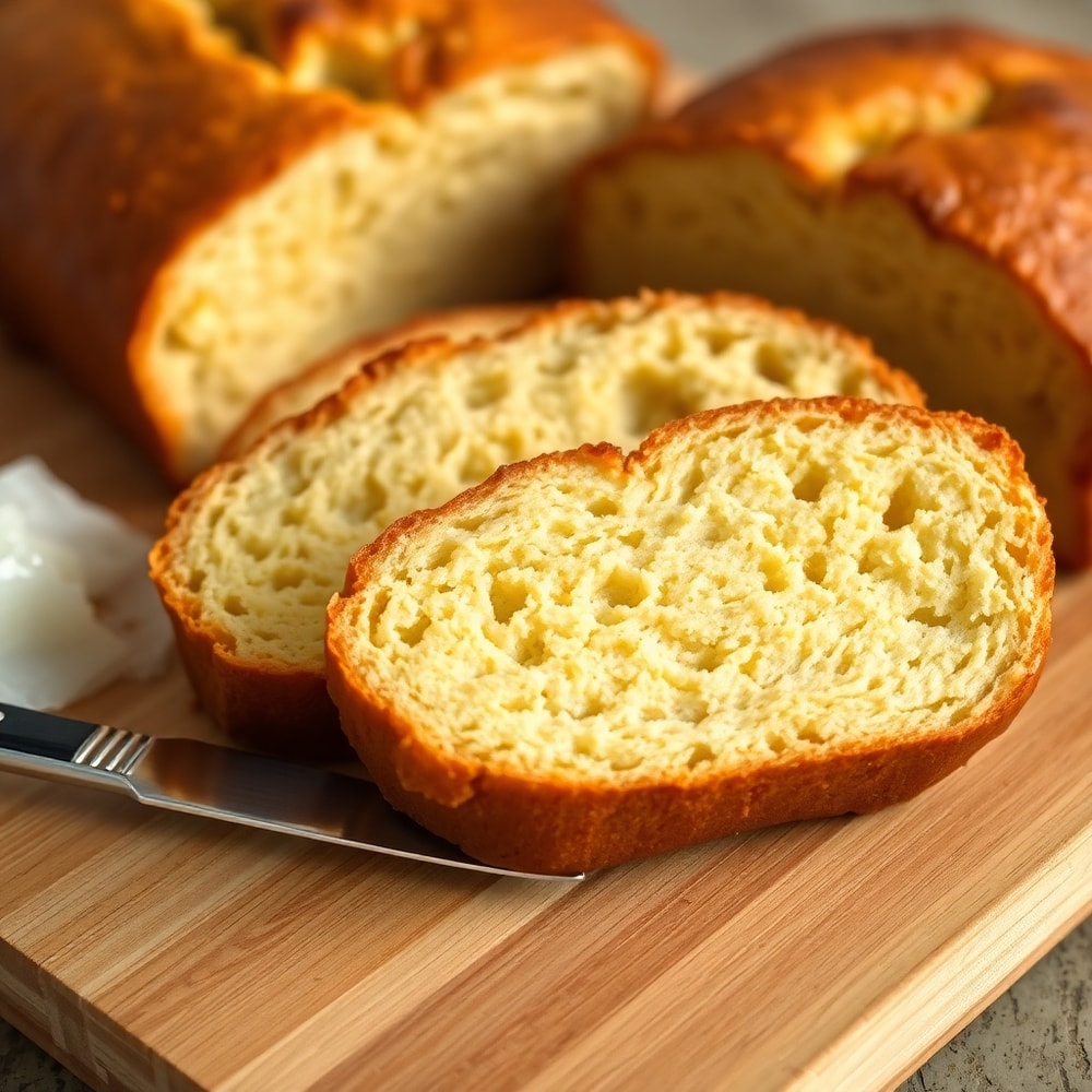 Freshly baked Crockpot Bread with a serrated knife