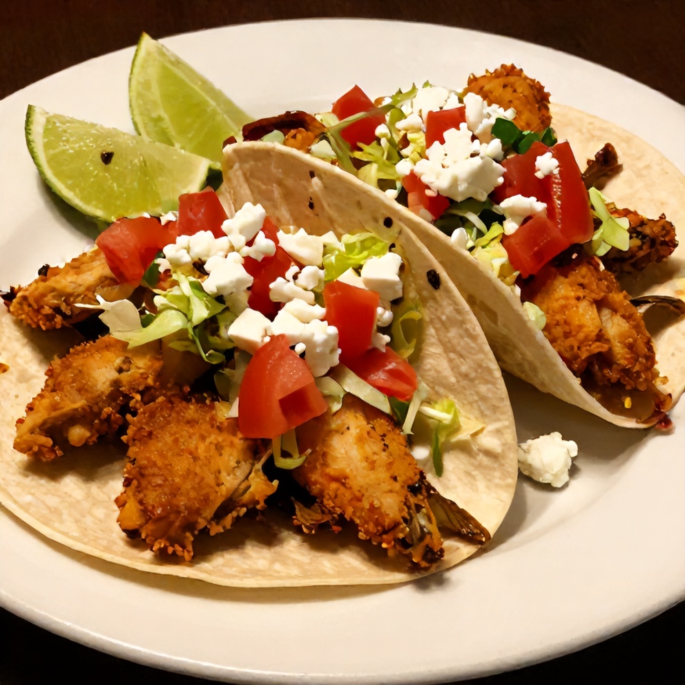 Plated Dill Pickle Chicken Tacos with lime wedges