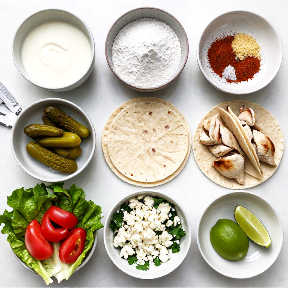 Raw ingredients for Dill Pickle Chicken Tacos on a marble surface
