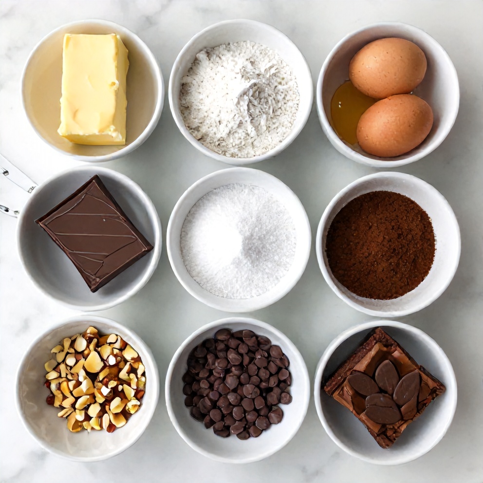 Raw ingredients for Easy Fudgy One-Bowl Brownies arranged on a white marble surface