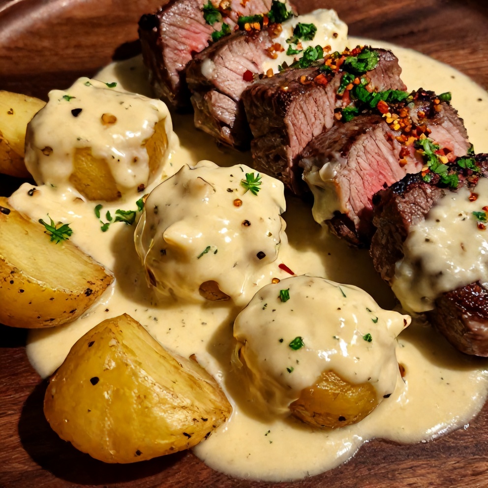 Plated garlic butter steak bites with potatoes