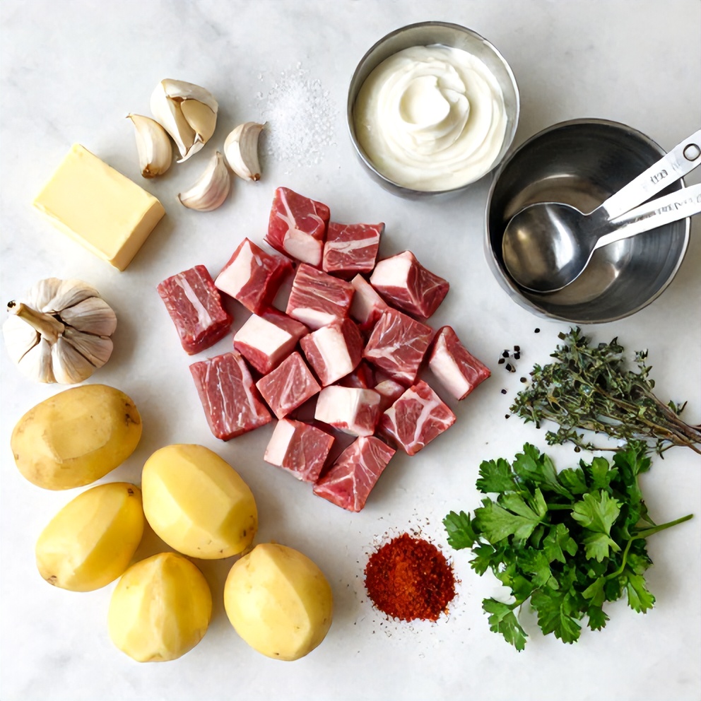 Raw ingredients for garlic butter steak bites with potatoes