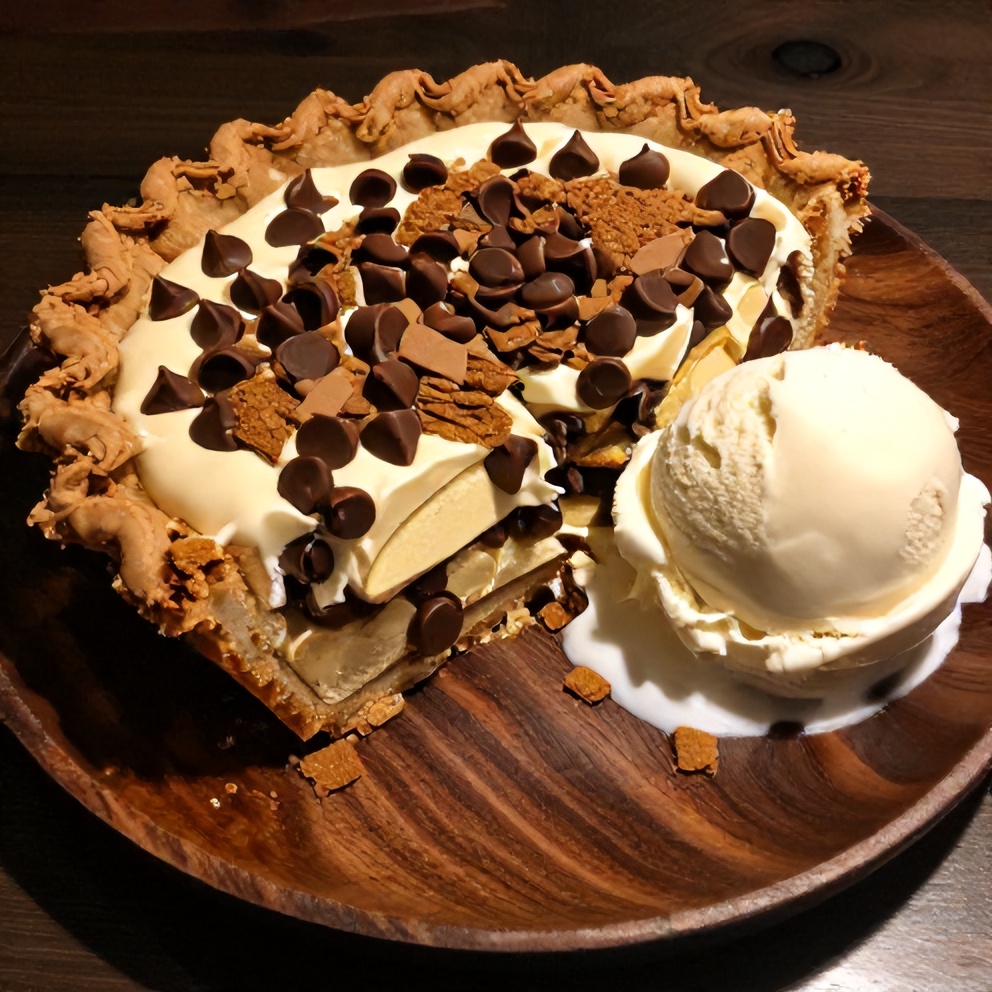 Sliced Giant S’mores Cookie Dough Pie on a plate, served with a scoop of vanilla ice cream