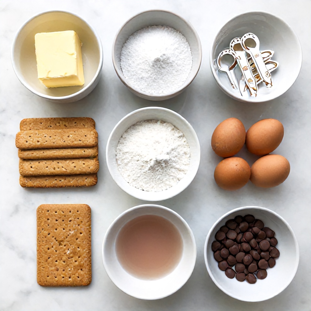 Giant S’mores Cookie Dough Pie ingredients including graham crackers, butter, sugar, flour, eggs, and chocolate chips