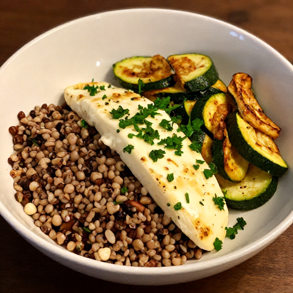 Greek Grain Bowl with Halloumi and Crispy Zucchini