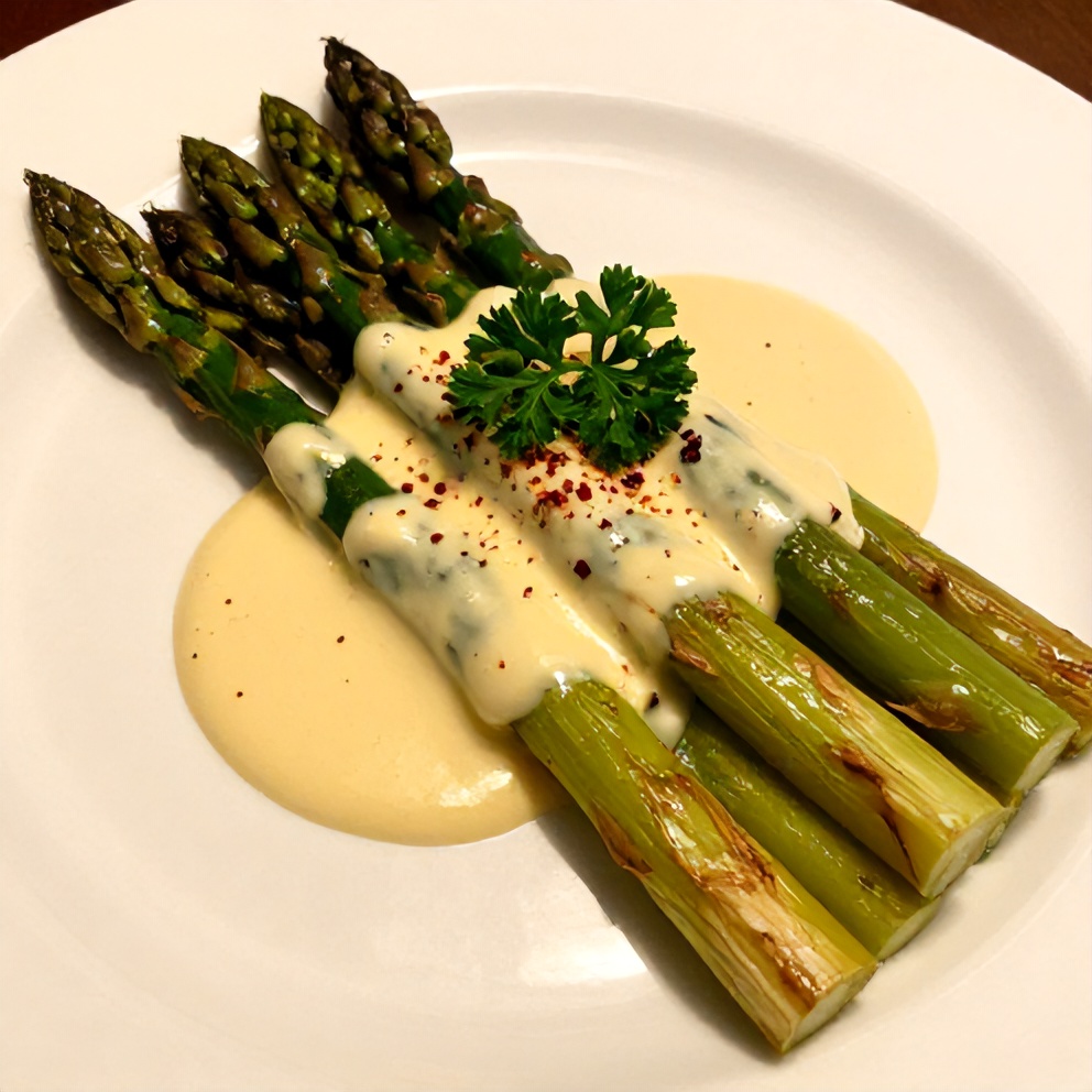 Plated grilled asparagus with tahini lemon sauce