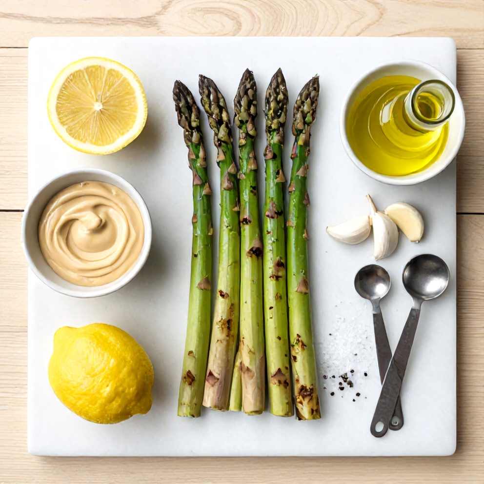 Raw ingredients for grilled asparagus with tahini lemon sauce