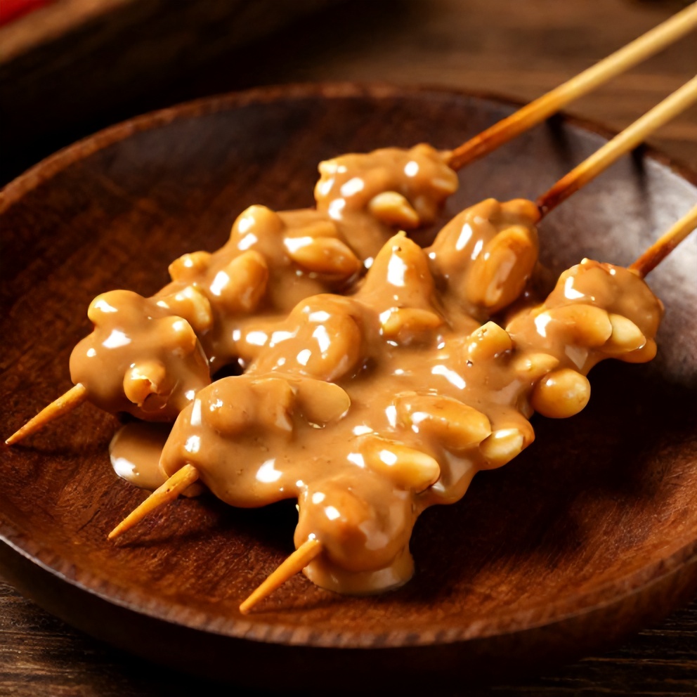 Peanut sauce drizzled over satay skewers