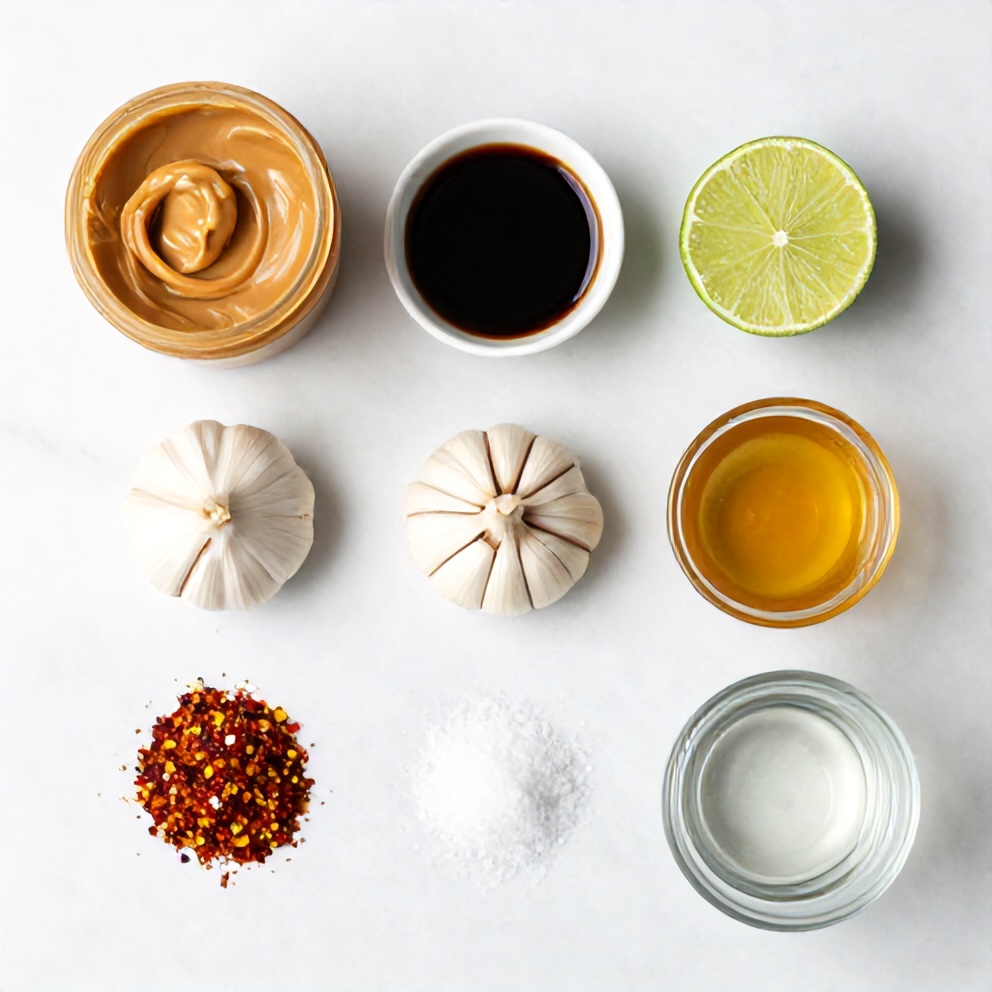 Peanut butter, soy sauce, garlic, honey, and lime arranged on a wooden surface
