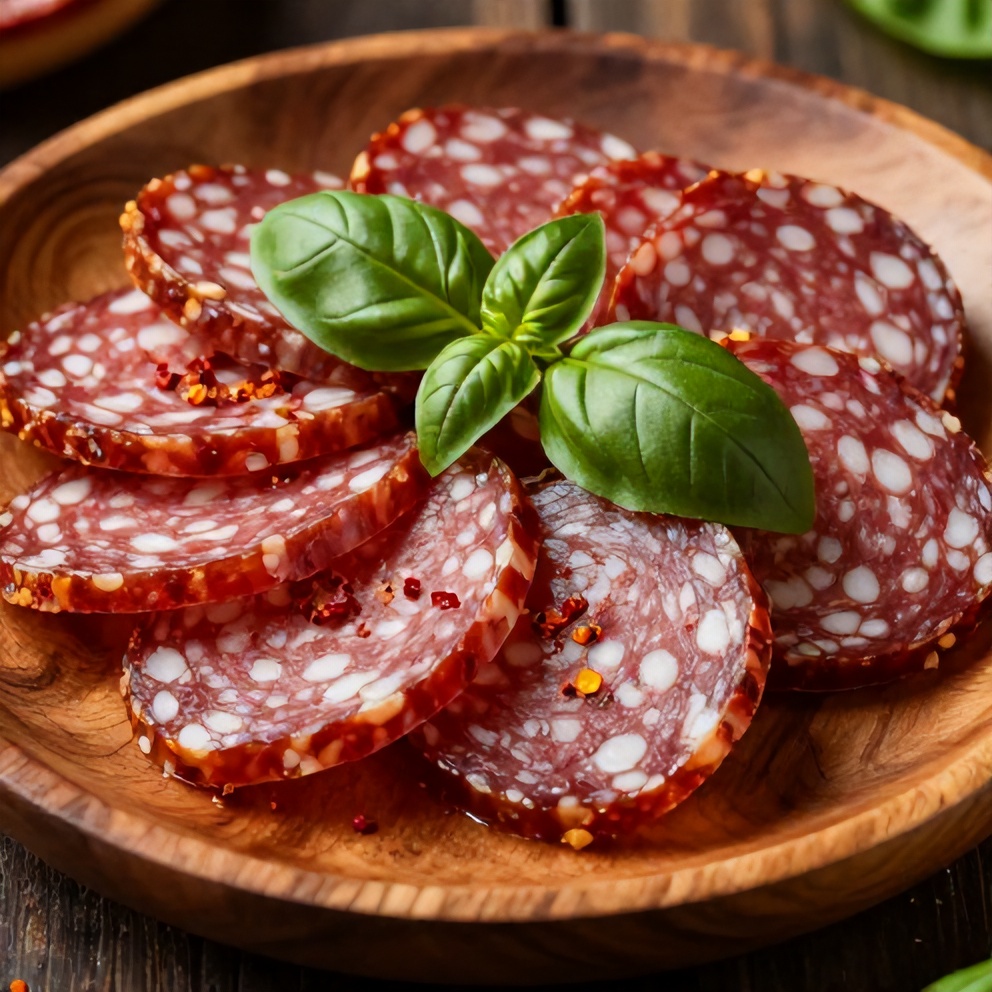 Vegan salami on a plate with fresh herbs