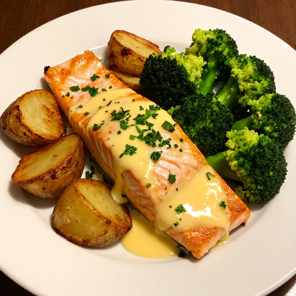 Plated Easy Lemon Butter Salmon with crispy potatoes and broccoli